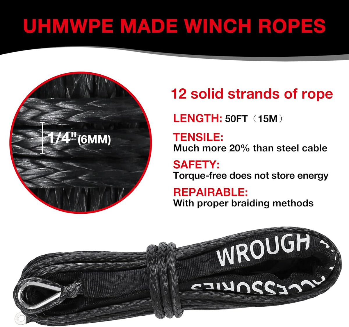 1/4" 50 Ft Black Synthetic Winch Rope with Steel Hook N9492