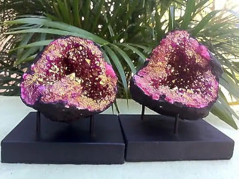 Large Pink Crystal Geode Pair with Stands S69234