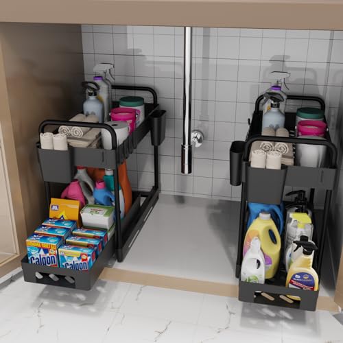 2 Pack Black 2 Tier Sliding Under Sink Shelf with 4 Hooks and Cup Slot D4230
