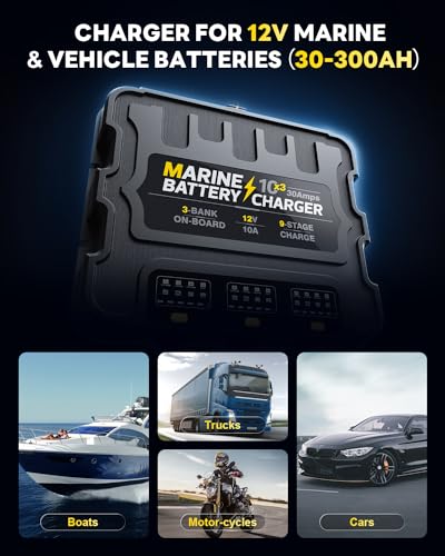 2 Bank Marine Battery Charger, 10A, 12V, Waterproof, Lithium, AGM, Deep-Cycle U2086