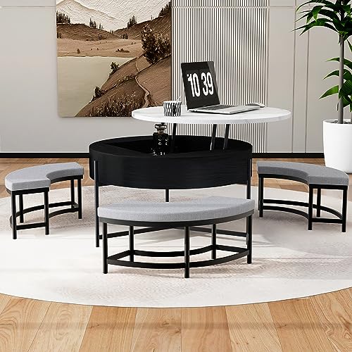 Round Lift-Top Coffee Table with Storage and 3 Ottoman V256