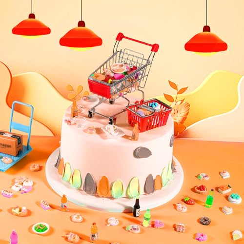 246 Pcs Mini Shopping Cart Refrigerator with Mini Food Set Metal Basket E577556