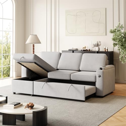 Black Sleeper Sectional Sofa with Pull Out Bed and Storage Chaise R122
