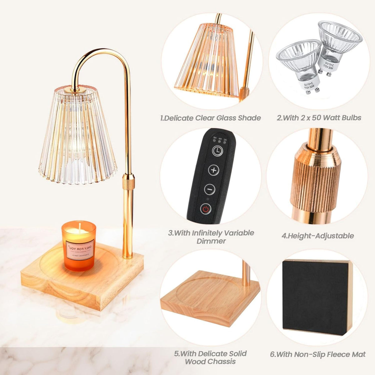 Candle Warmer Lamp Gold with 2 Bulbs & Timer, Height Adjustable Candle Melting Lamp Z638