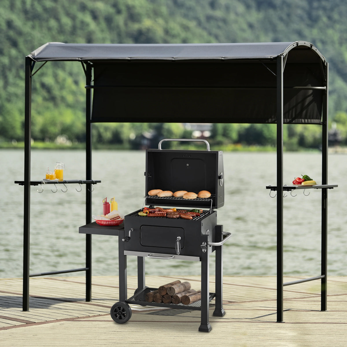 Outdoor Iron BBQ Grill Gazebo with Side Awning R85276