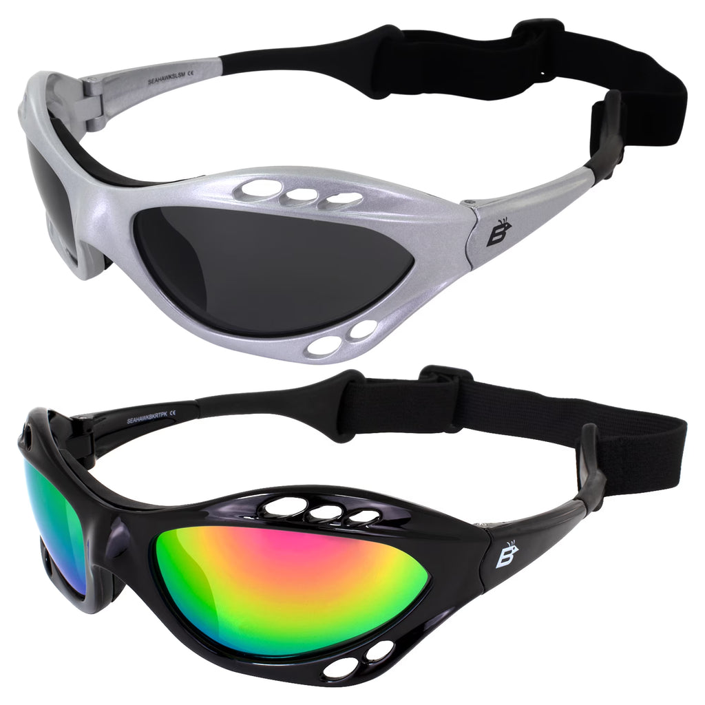 2 Pairs Padded Polarized Sunglasses w/Strap Silver w/Smoke Lens Black w/Pink Mirror Lens H29600