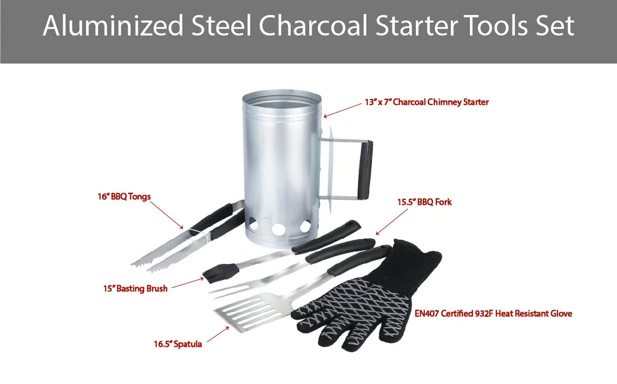 Steel Charcoal Chimney 6pc Value Set with Spatula, Basting Brush, BBQ Fork, Tongs and Heat Resistant Glove N837373
