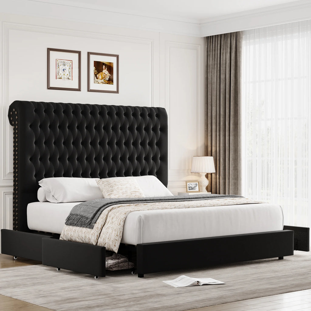 Queen Size Upholstered Storage Bed with Tall Headboard and Drawers G842