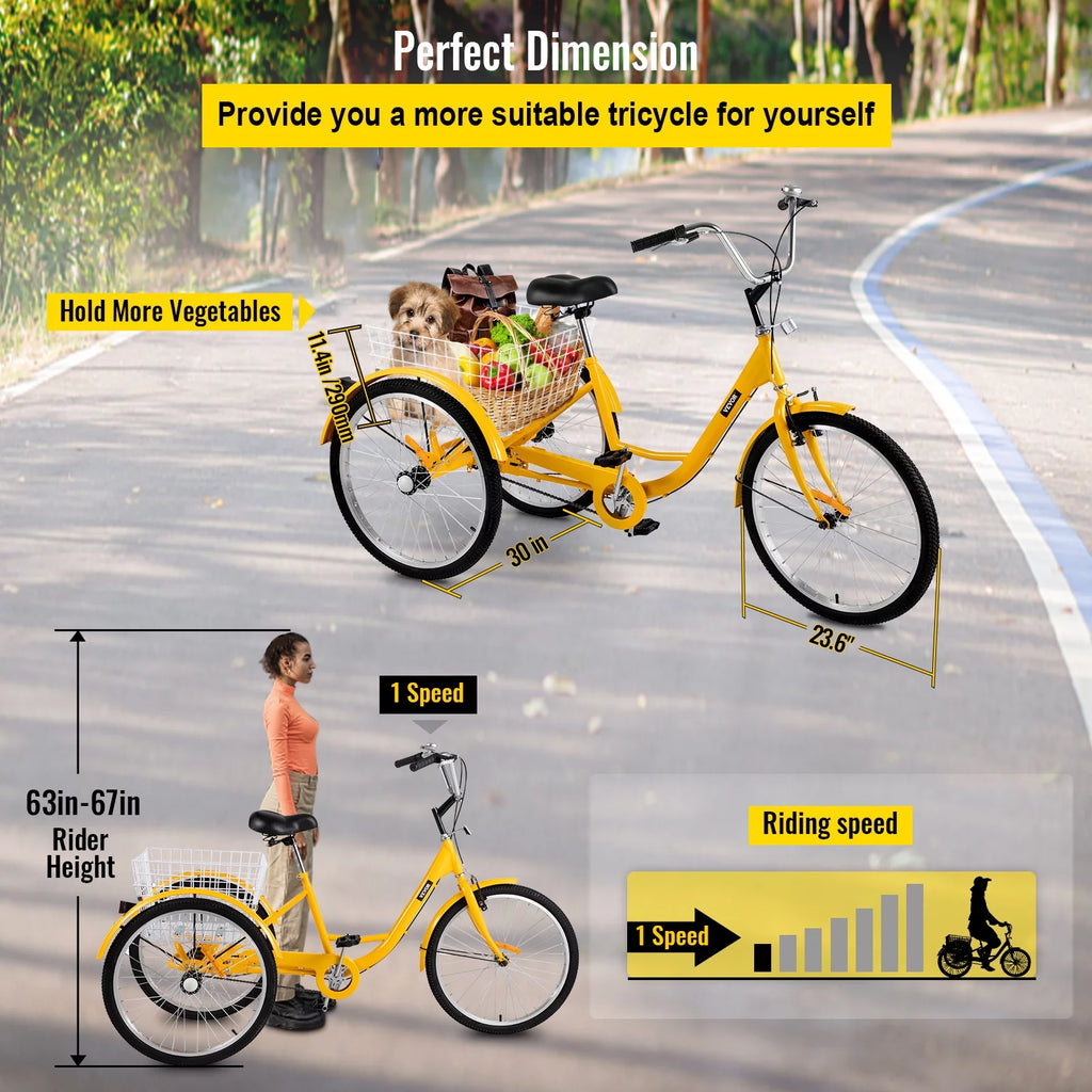 24 inch 1-Speed Yellow Adult Tricycle with Cargo Basket G363245