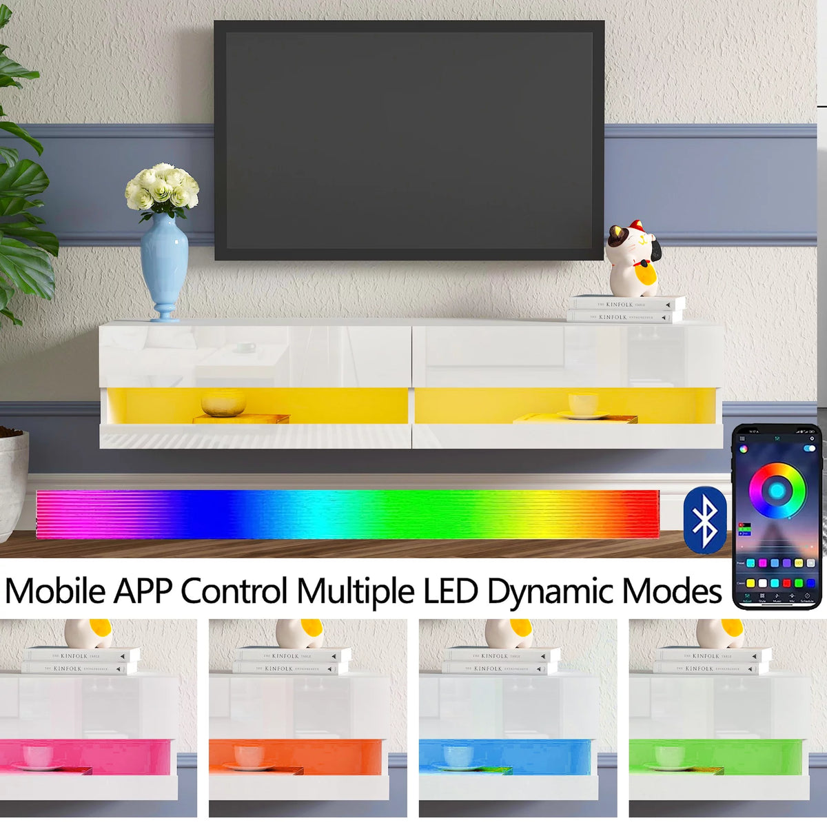 White High Gloss Wall Mounted TV Stand with LED Lights I8029