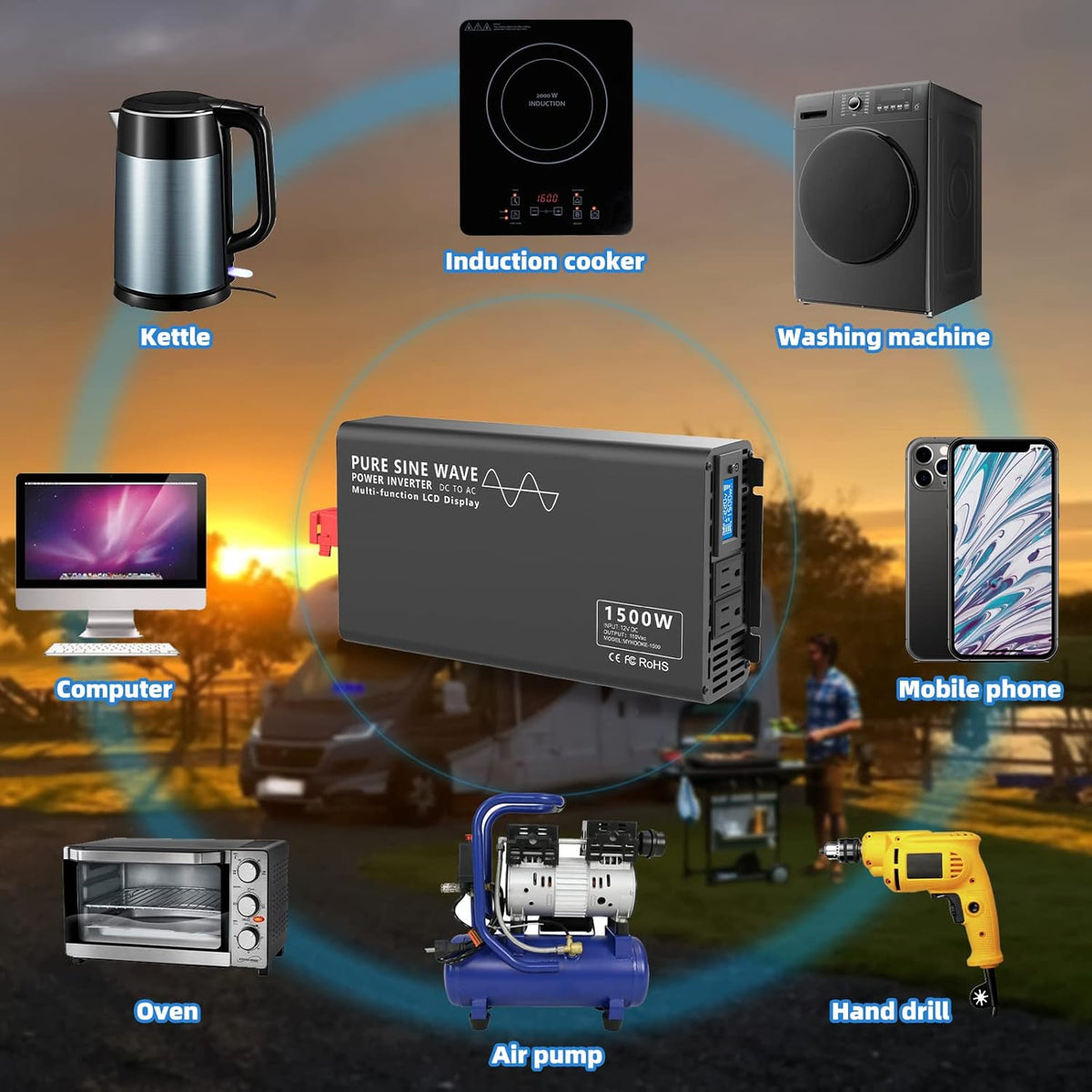 600W Pure Sine Wave Power Inverter DC 12V to AC 110V-130V with LCD Display and Wireless Remote Control W4694