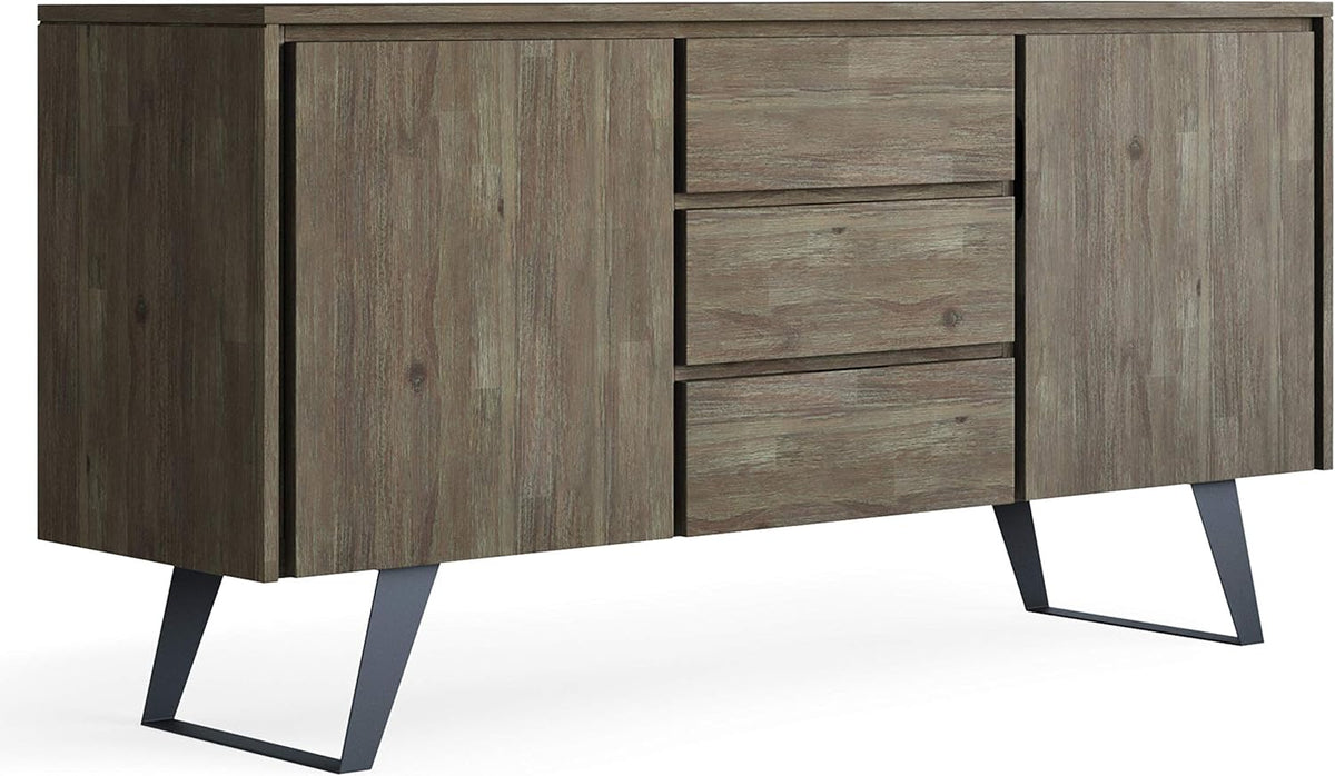 Rustic Natural Aged Brown Solid Acacia Wood and Metal Rectangle Sideboard Buffet with Storage Compartment and 3 Drawers G582