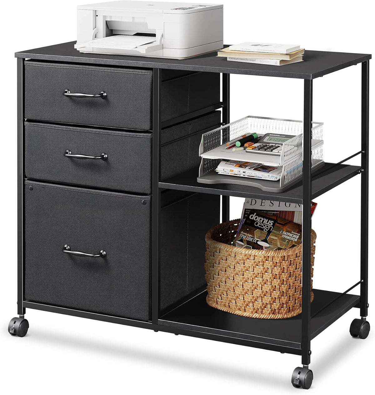 3 Drawer Mobile File Cabinet with Open Storage Shelf, Black U82148