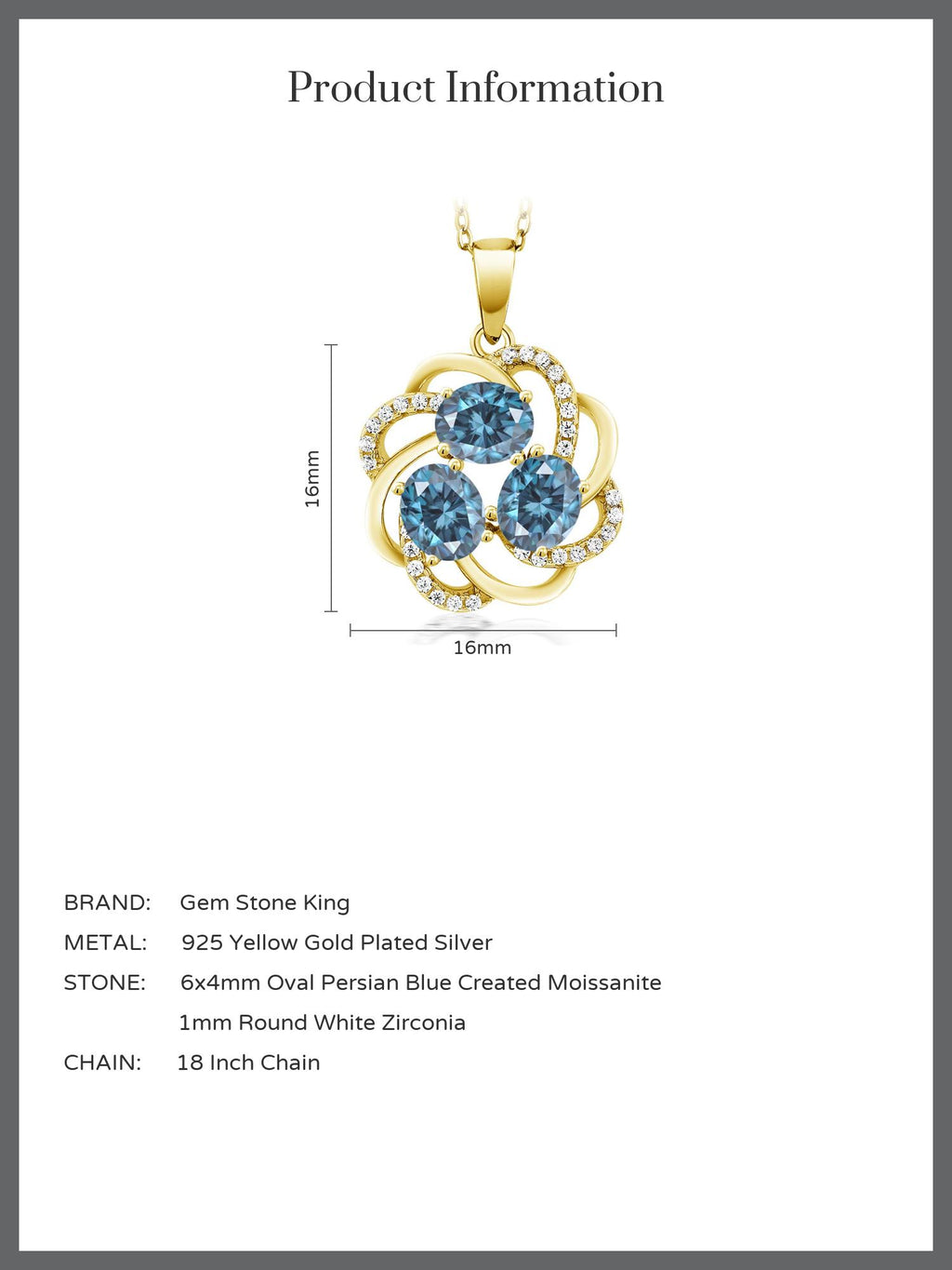 18K Yellow Gold Plated Oval Persian Blue Moissanite Pendant Necklace L107946