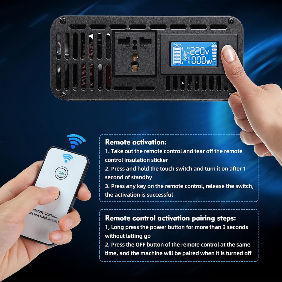 600W Pure Sine Wave Power Inverter DC 12V to AC 110V-130V with LCD Display and Wireless Remote Control W4694