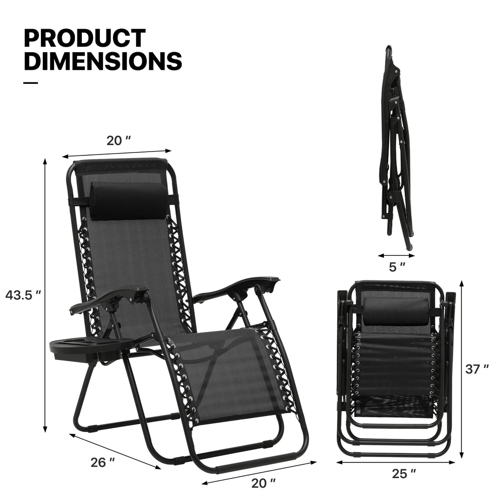 Set of 2 Black Folding Zero Gravity Chair with Pillow and Cup Holder Z423