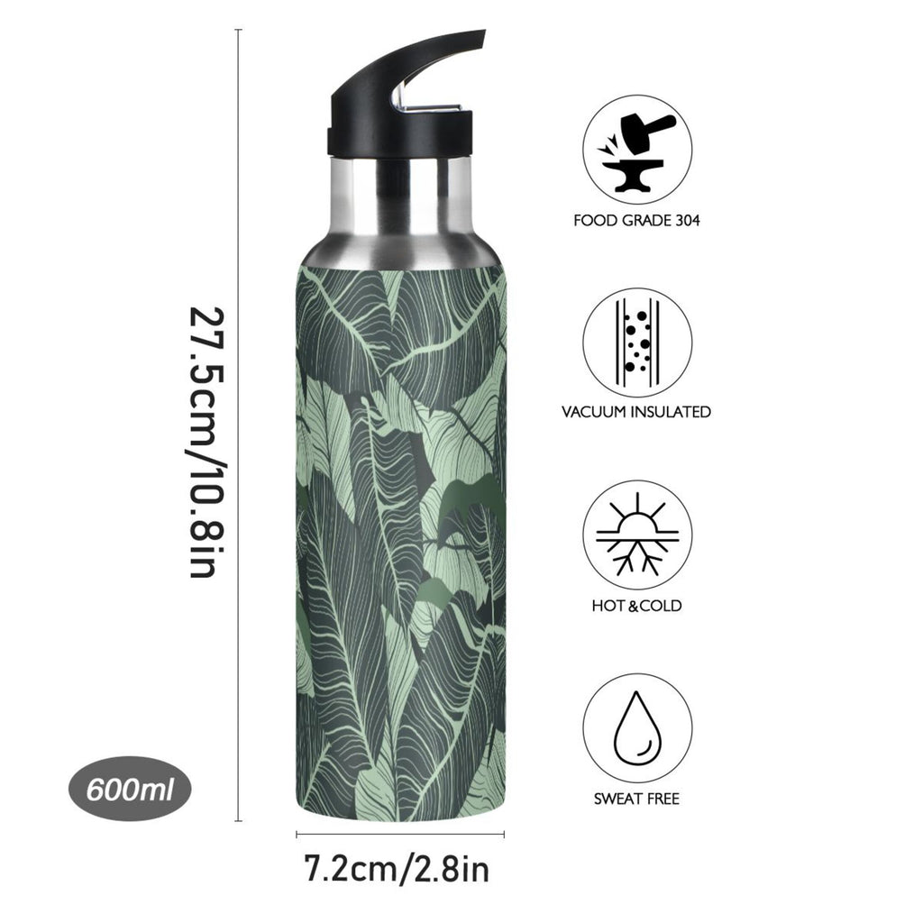 Tropical Green Leaves Stainless Steel Insulated Water Bottle with Straw Lid I5372