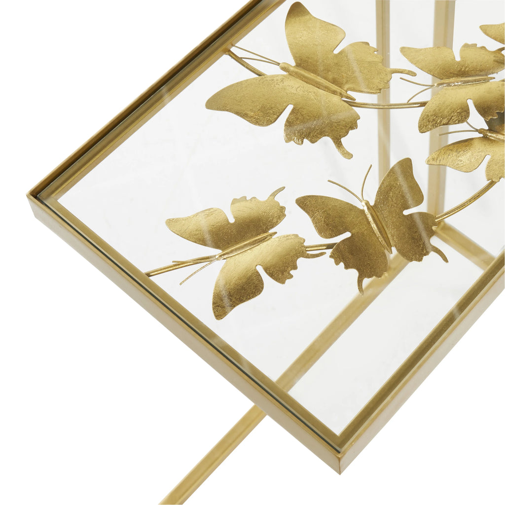 18" x 25" Gold Metal Accent Table with Clear Glass Top V945