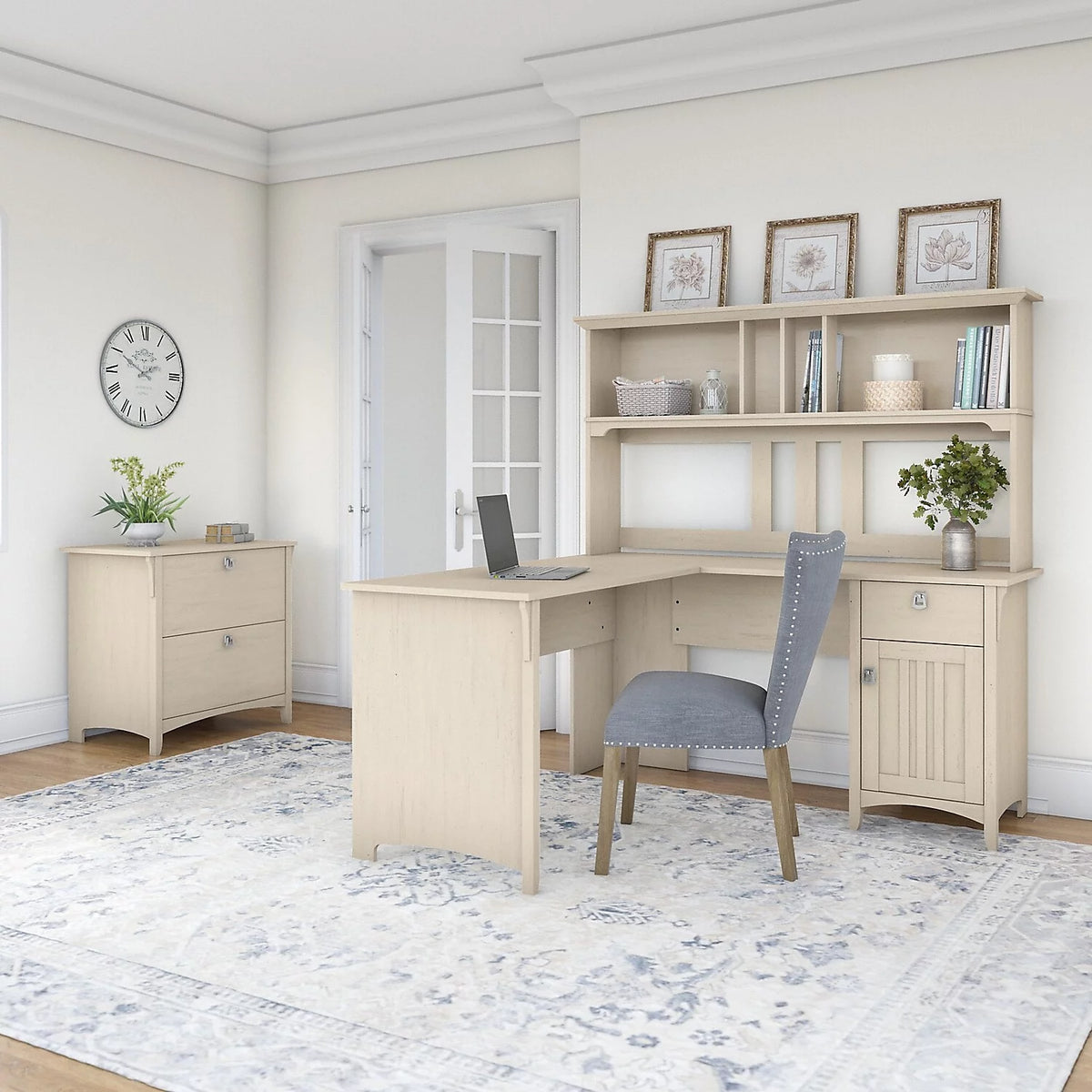 Antique White Engineered Wood L Desk with Hutch & File Cabinet T599
