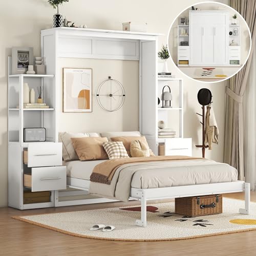 White Full Size Wood Murphy Bed with Shelves and LED Lights Z729777