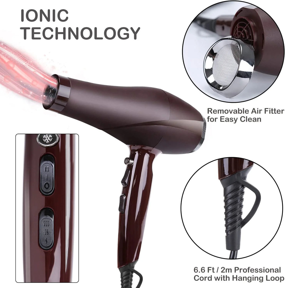 2000 Watt Negative Ionic Hair Dryer with Diffuser Concentrator Comb H6221