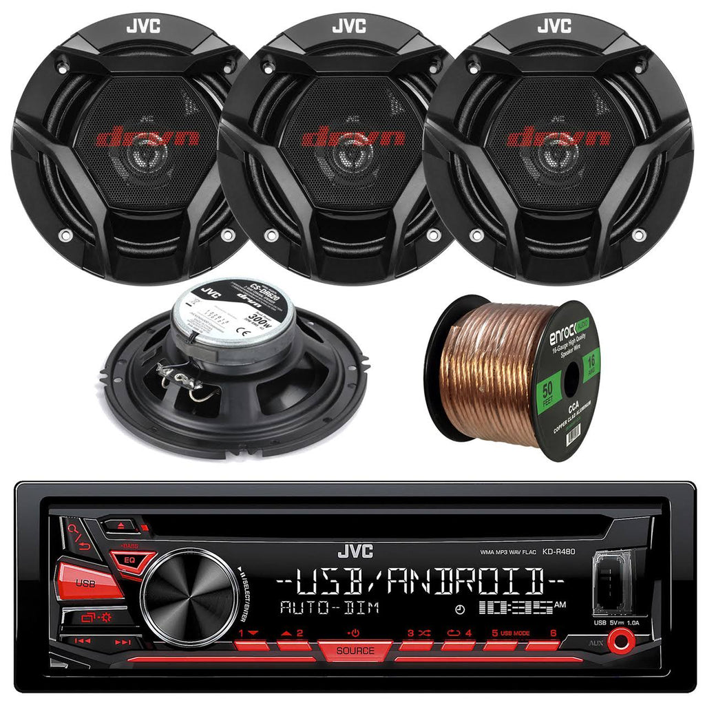 Enrock Automotive Bundle JVC Kd-r480 Single DIN In-Dash CD/AM/FM/USB/AUX Car Stereo Receiver, Enrock Audio 16-Gauge 50 Foot Speaker Wire G252859