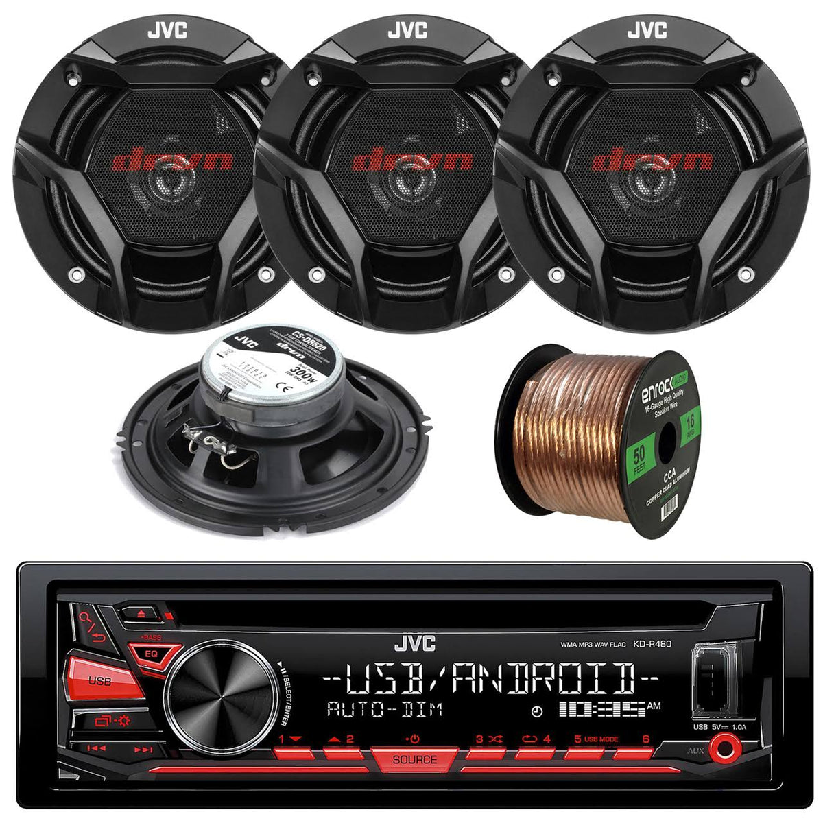 Enrock Automotive Bundle JVC Kd-r480 Single DIN In-Dash CD/AM/FM/USB/AUX Car Stereo Receiver, Enrock Audio 16-Gauge 50 Foot Speaker Wire G252859