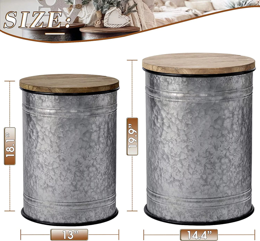Rustic Storage Bins End Table Galvanized Metal Stool Ottoman Seat with Round Wood Lid Set of 2 Z7178