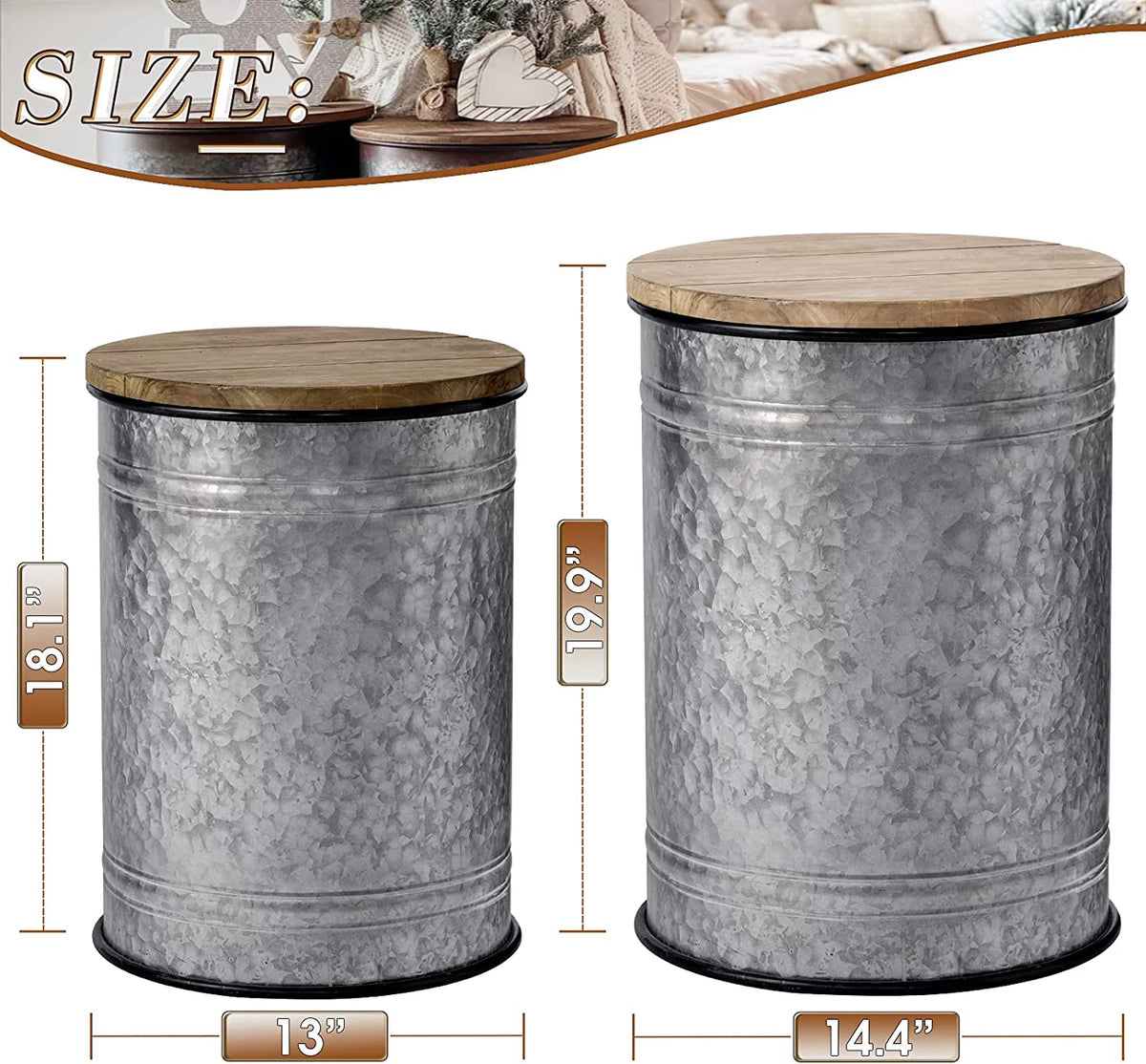 Rustic Storage Bins End Table Galvanized Metal Stool Ottoman Seat with Round Wood Lid Set of 2 Z7178
