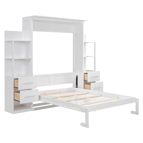 White Full Size Wood Murphy Bed with Shelves and LED Lights Z729777