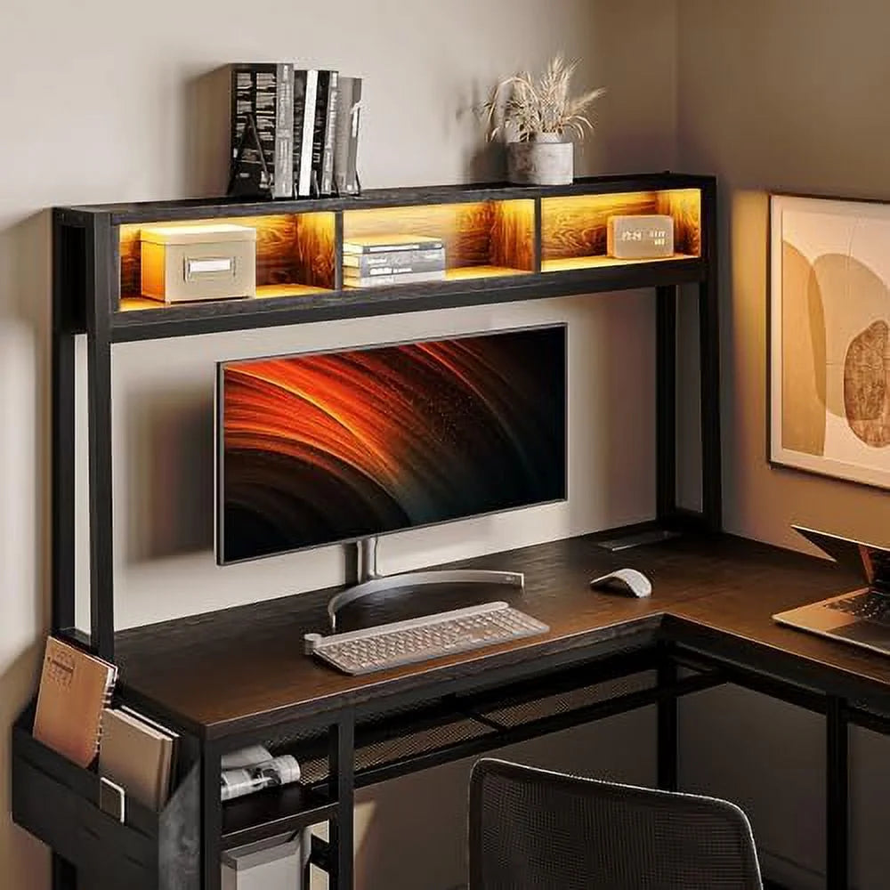 Computer Desk with Monitor Stand and File Cabinet, 104" Long L-Shaped Desk with RGB LED Lights and USB AC Outlet W802