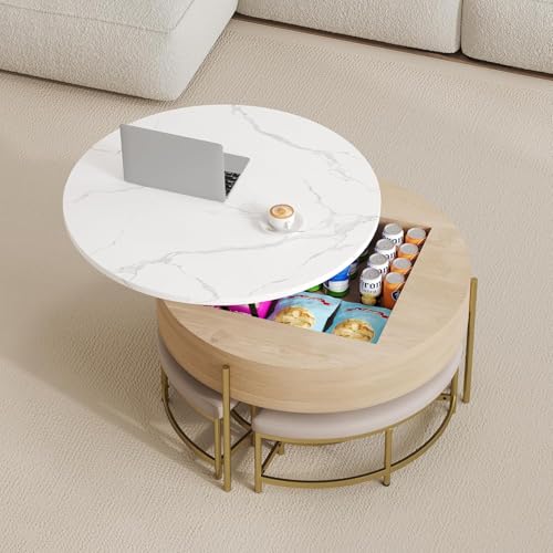 Round Lift-Top Coffee Table with Storage and 3 Ottoman V256