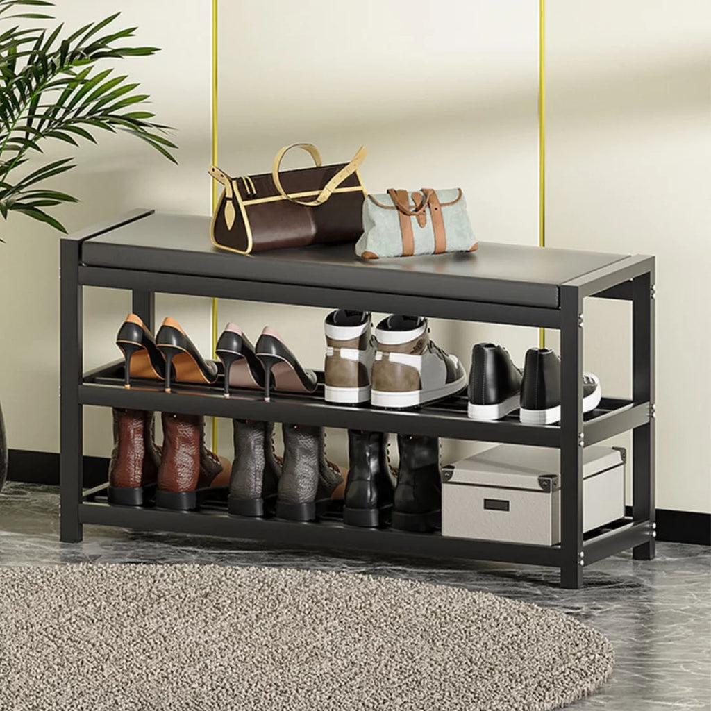 2-Tier Gray Shoe Rack Bench with Vegan Leather Seat K59660