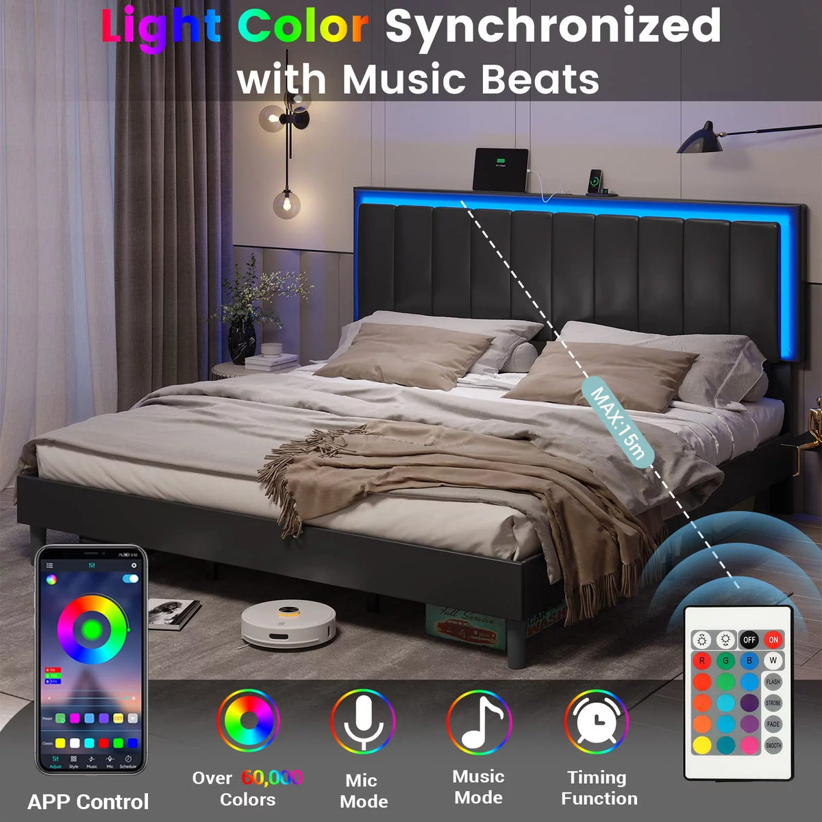 King Leather Upholstered Platform Bed with Charging Station and LED Lights X531111