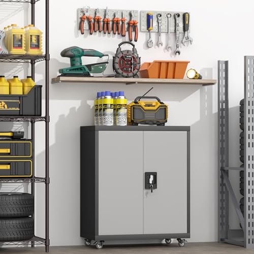 Metal Garage Storage Cabinet with Wheels and Adjustable Shelves P637158