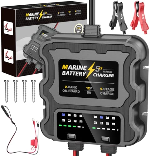 2 Bank Marine Battery Charger, 10A, 12V, Waterproof, Lithium, AGM, Deep-Cycle U2086