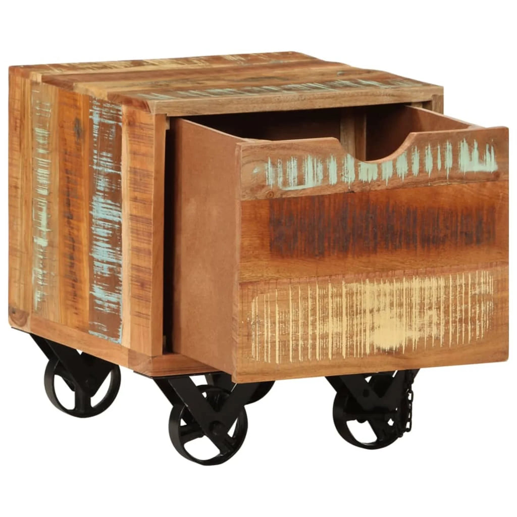 Side Table with Storage Drawer and Wheels Reclaimed Wood A298972