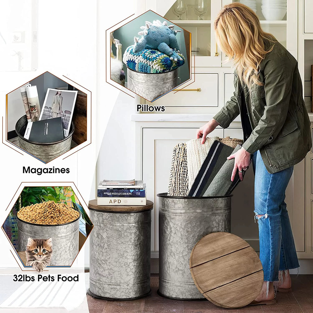 Rustic Storage Bins End Table Galvanized Metal Stool Ottoman Seat with Round Wood Lid Set of 2 Z7178