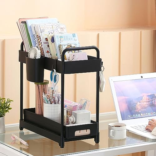 2 Pack Black 2 Tier Sliding Under Sink Shelf with 4 Hooks and Cup Slot D4230