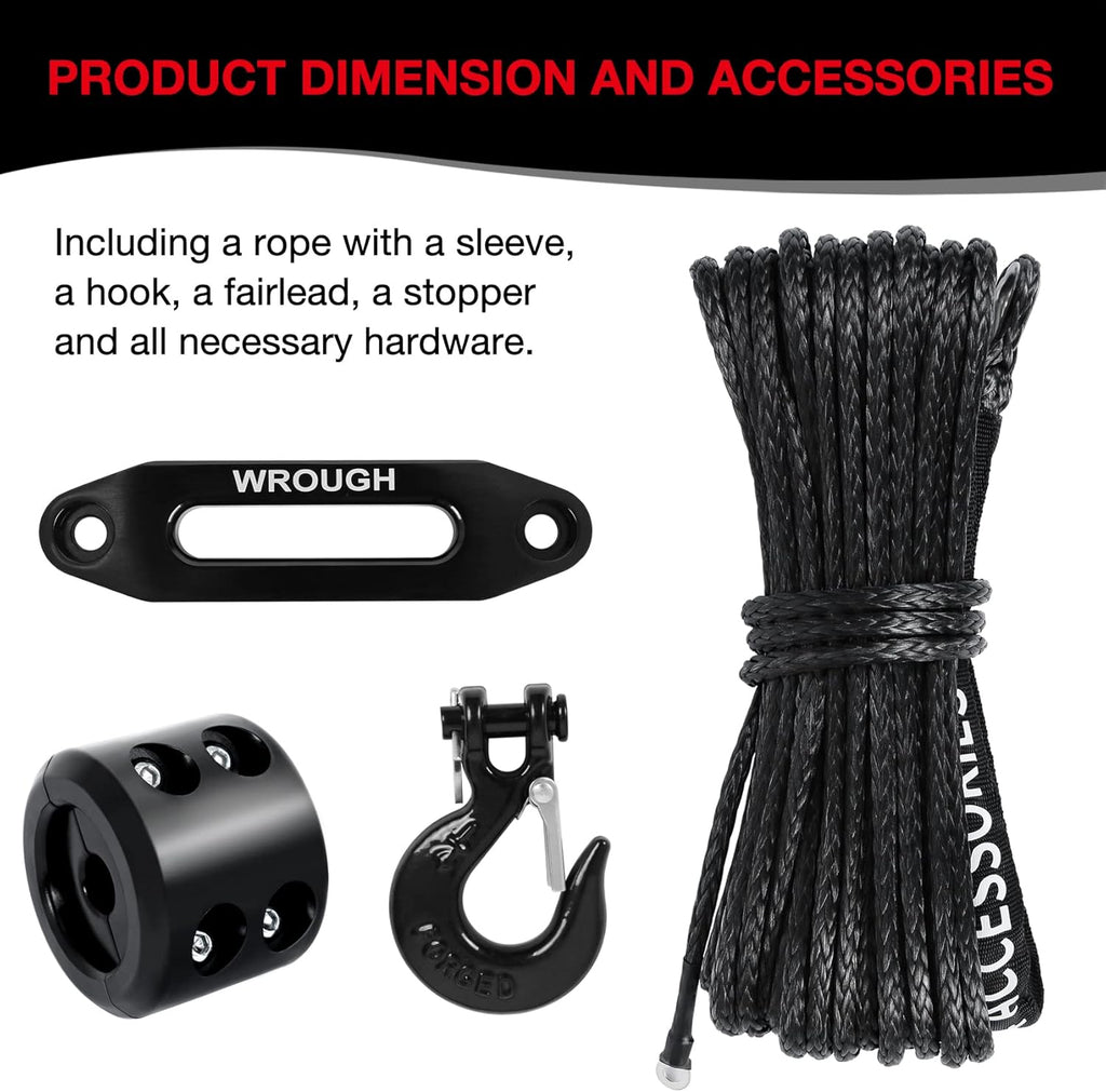 1/4" 50 Ft Black Synthetic Winch Rope with Steel Hook N9492