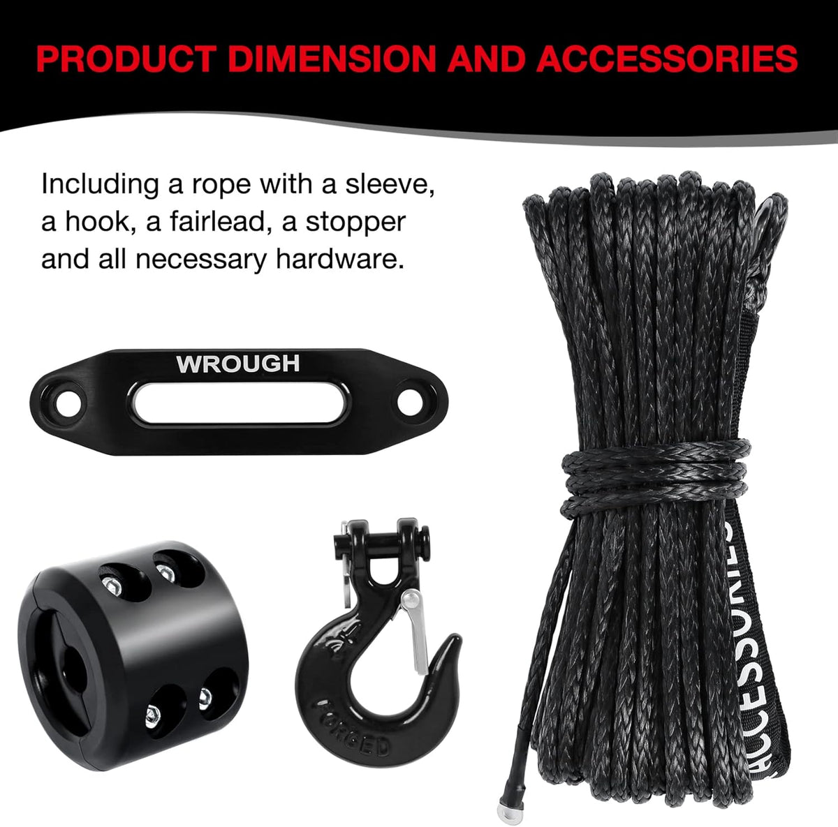 1/4" 50 Ft Black Synthetic Winch Rope with Steel Hook N9492