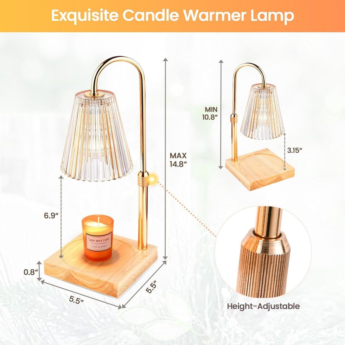 Candle Warmer Lamp Gold with 2 Bulbs & Timer, Height Adjustable Candle Melting Lamp Z638