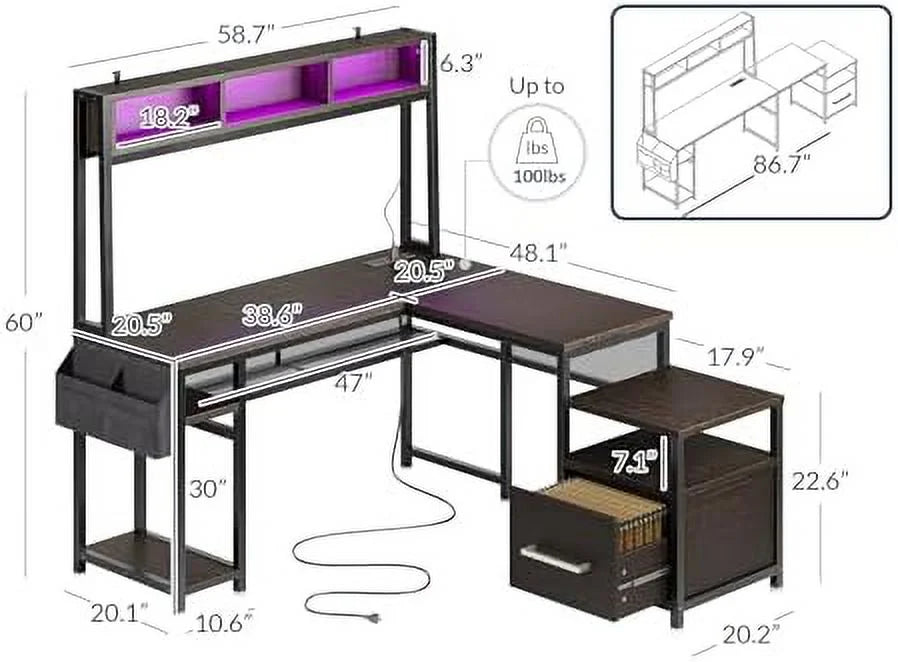 Computer Desk with Monitor Stand and File Cabinet, 104" Long L-Shaped Desk with RGB LED Lights and USB AC Outlet W802