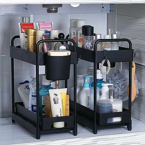 2 Pack Black 2 Tier Sliding Under Sink Shelf with 4 Hooks and Cup Slot D4230
