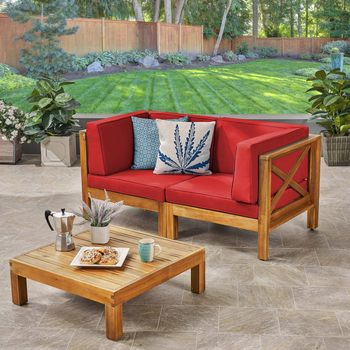 Brown Acacia Wood Sectional Loveseat with Coffee Table X116