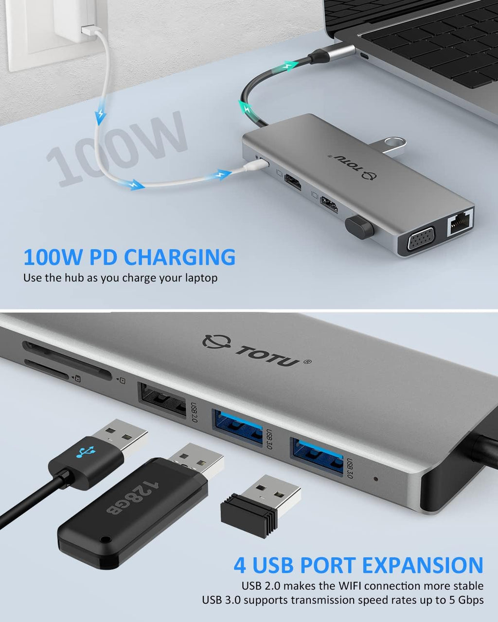 13-in-1 USB C Hub with Ethernet, 4K HDMI, VGA, USB 3.0, 100W PD, SD/TF Card Reader E81389