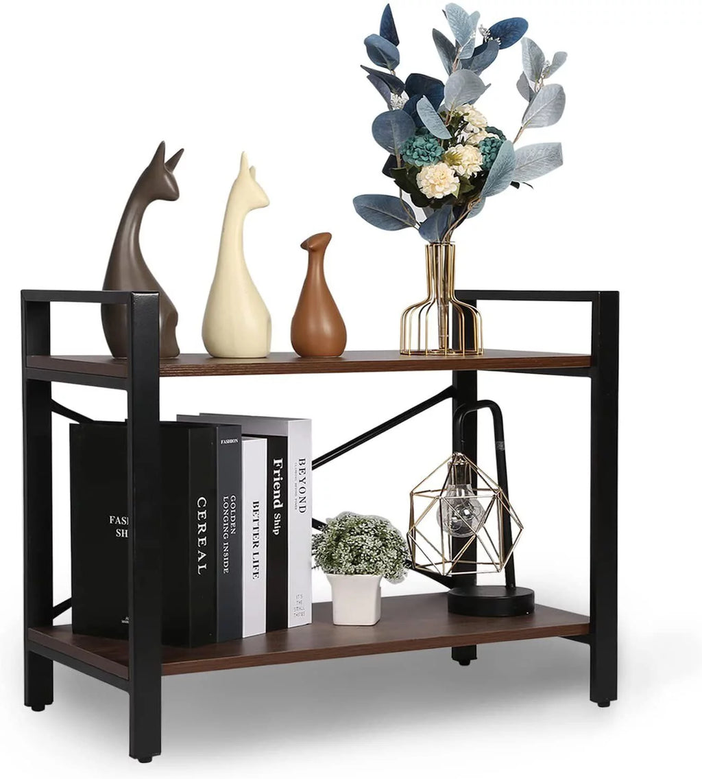 2-Tier Ash Grey Wood Bookshelf with Metal Frame C173211