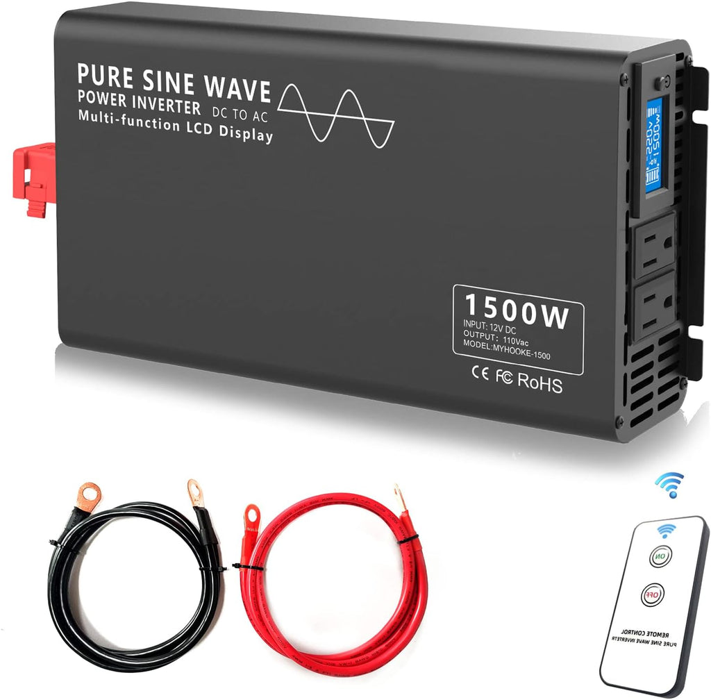 600W Pure Sine Wave Power Inverter DC 12V to AC 110V-130V with LCD Display and Wireless Remote Control W4694