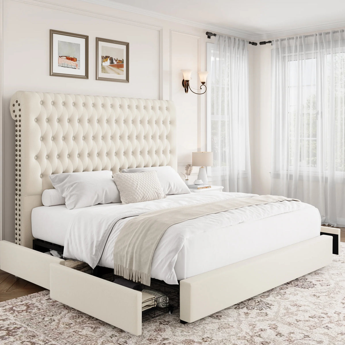 Queen Size Upholstered Storage Bed with Tall Headboard and Drawers G842