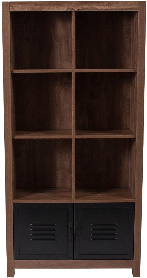 6 Cube Storage Organizer Bookcase with Metal Cabinet Doors in Crosscut Oak Wood Grain Finish Q848